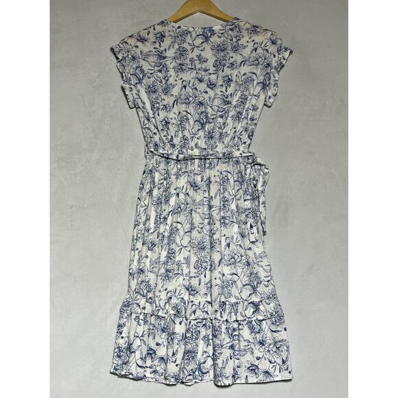 Monteau Linen Blend Faux Wrap Dress Small White Blue Floral Flutter Sleeve Tie - Picture 2 of 12